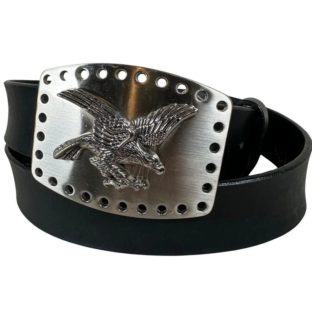 Leather Black Belt XL 40-42 Silver Eagle Buckle Western Americana Biker